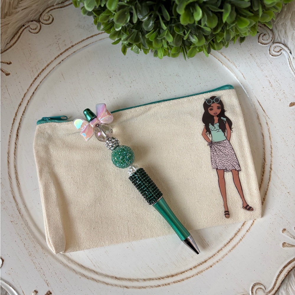 Custom designed pencil pouch with Fashionista and beaded pen